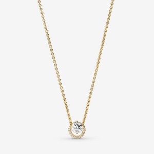 Gold Plated Pandora Sparkling Round Halo Collier Pendant Necklaces | RXPW46027