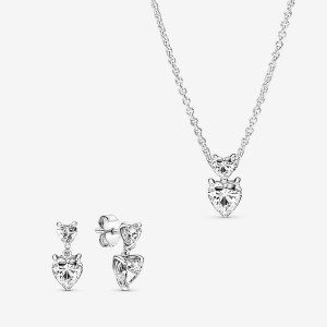 Sterling Silver Pandora Double Heart Pendant Sparkling Collier Necklace Pendant Necklaces | LEZM74651