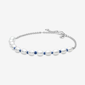 Sterling Silver Pandora Treated Freshwater Cultured Pearl Blue Cord Non-charm Bracelets | YJPL87540
