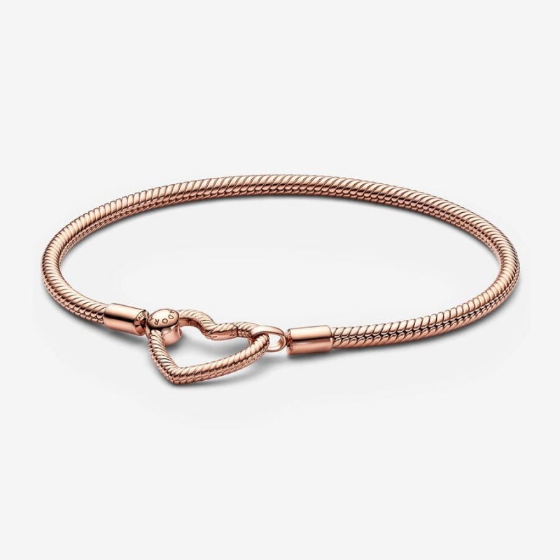 Rose Gold Plated Pandora Moments Heart Closure Snake Charm Bracelets | HFXJ56029