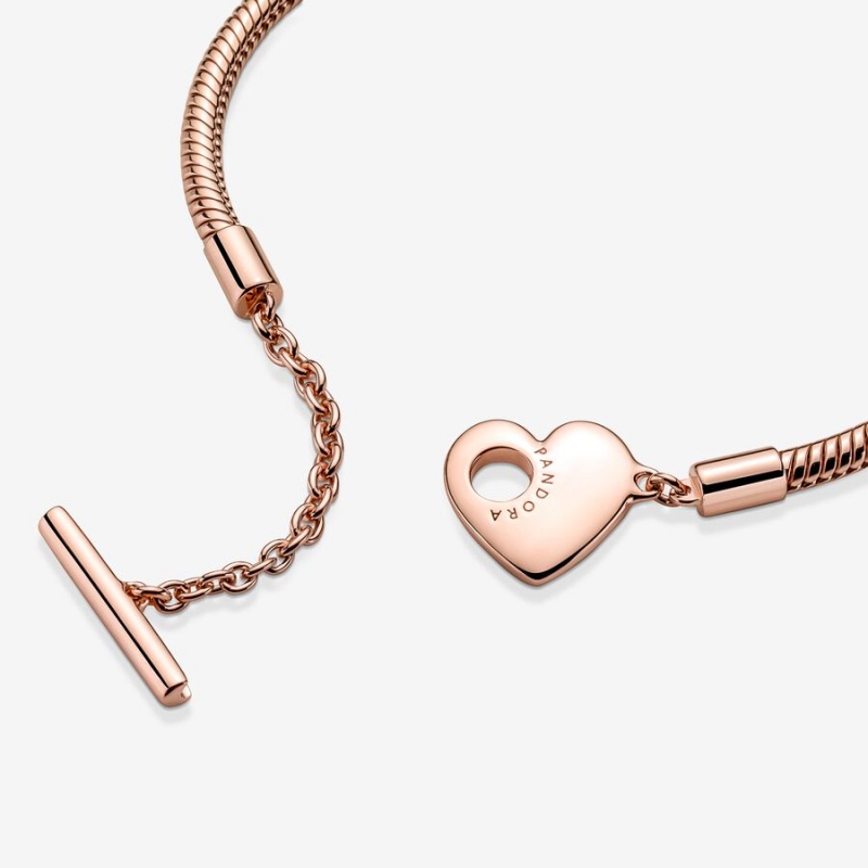 Rose Gold Plated Pandora Moments Heart T-Bar Snake Charm Bracelets | TNYL60143