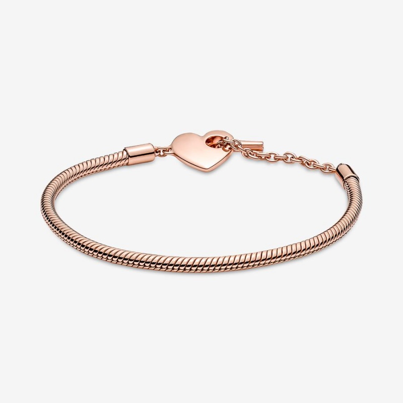 Rose Gold Plated Pandora Moments Heart T-Bar Snake Charm Bracelets | TNYL60143